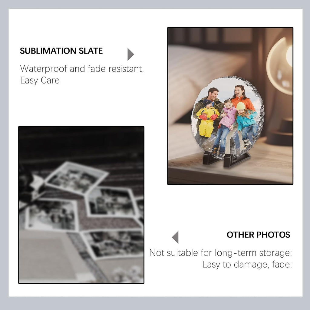 ORJ Sublimation Slate Blanks Custom Stone Slate Picture Frame Heat Transfer Rock Photo Plaque with Display Stand Decoration for Desktop Souvenir DIY Personalized Gift (round Slate * 40PCS)