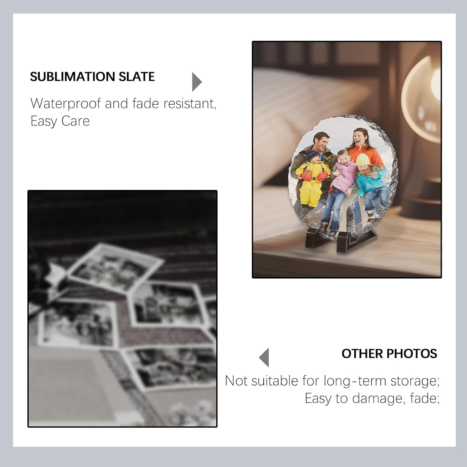 ORJ Sublimation Slate Blanks Custom Stone Slate Picture Frame Heat Transfer Rock Photo Plaque with Display Stand Decoration for Desktop Souvenir DIY Personalized Gift (round Slate * 40PCS)
