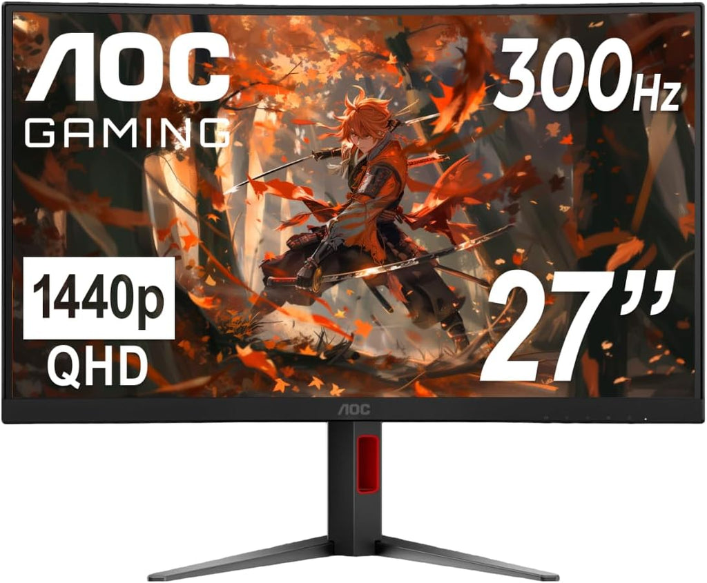 AOC CQ27G4ZH 27' Curved Gaming Monitor, QHD 2K 2560x1440, 1500R VA, 300Hz 0.3ms MPRT, HDMI x2, DP x1, Height Adjustable Stand, HDR, 3-Year Zero-Bright-dot