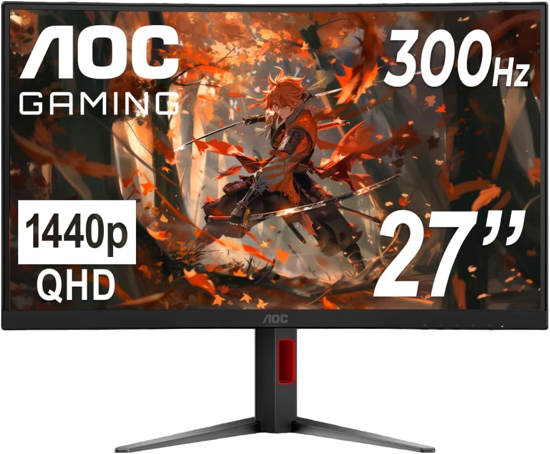 AOC CQ27G4ZH 27' Curved Gaming Monitor, QHD 2K 2560x1440, 1500R VA, 300Hz 0.3ms MPRT, HDMI x2, DP x1, Height Adjustable Stand, HDR, 3-Year Zero-Bright-dot