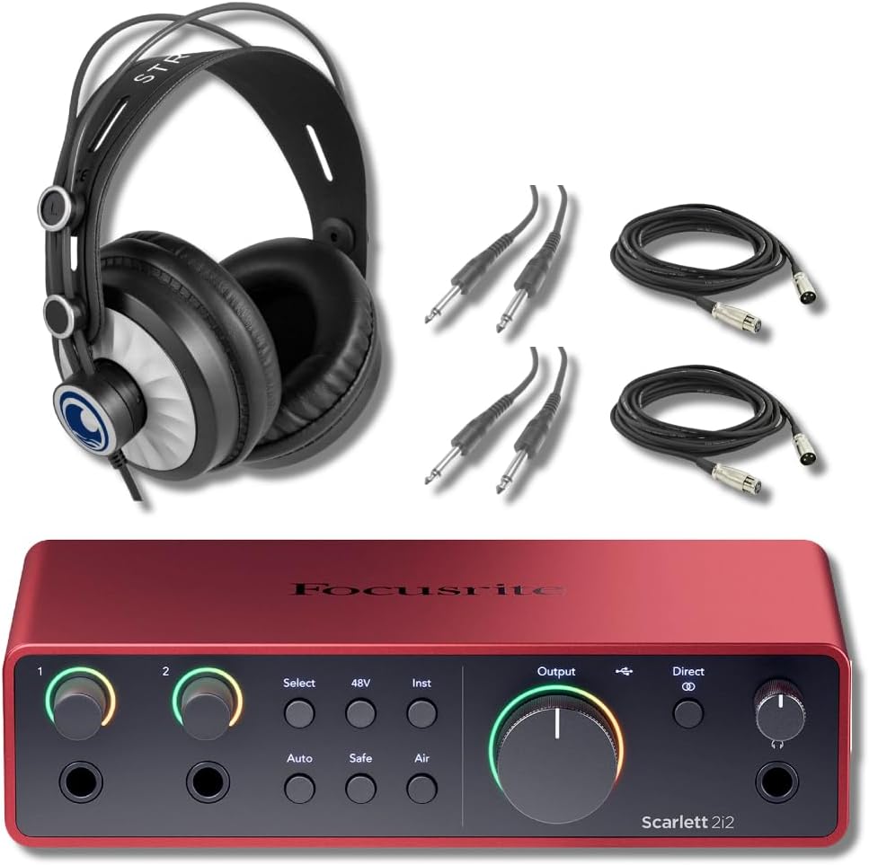 Focusrite Scarlett 2i2 4G Audio Interface Recording Bundle with StreamEye Cans50 Studio Headphones, Professional Grade XLR Cables and Instrument Cables