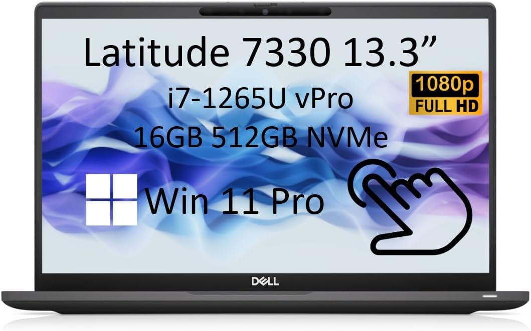Dell Latitude 7330 7000 13.3' FHD Touch (12th Gen Intel Core i7-1265U vPro, 16GB RAM, 512GB NVMe SSD) Business Laptop, IR Webcam, Backlit, Thunderbolt 4, Win 11 Pro (Renewed)