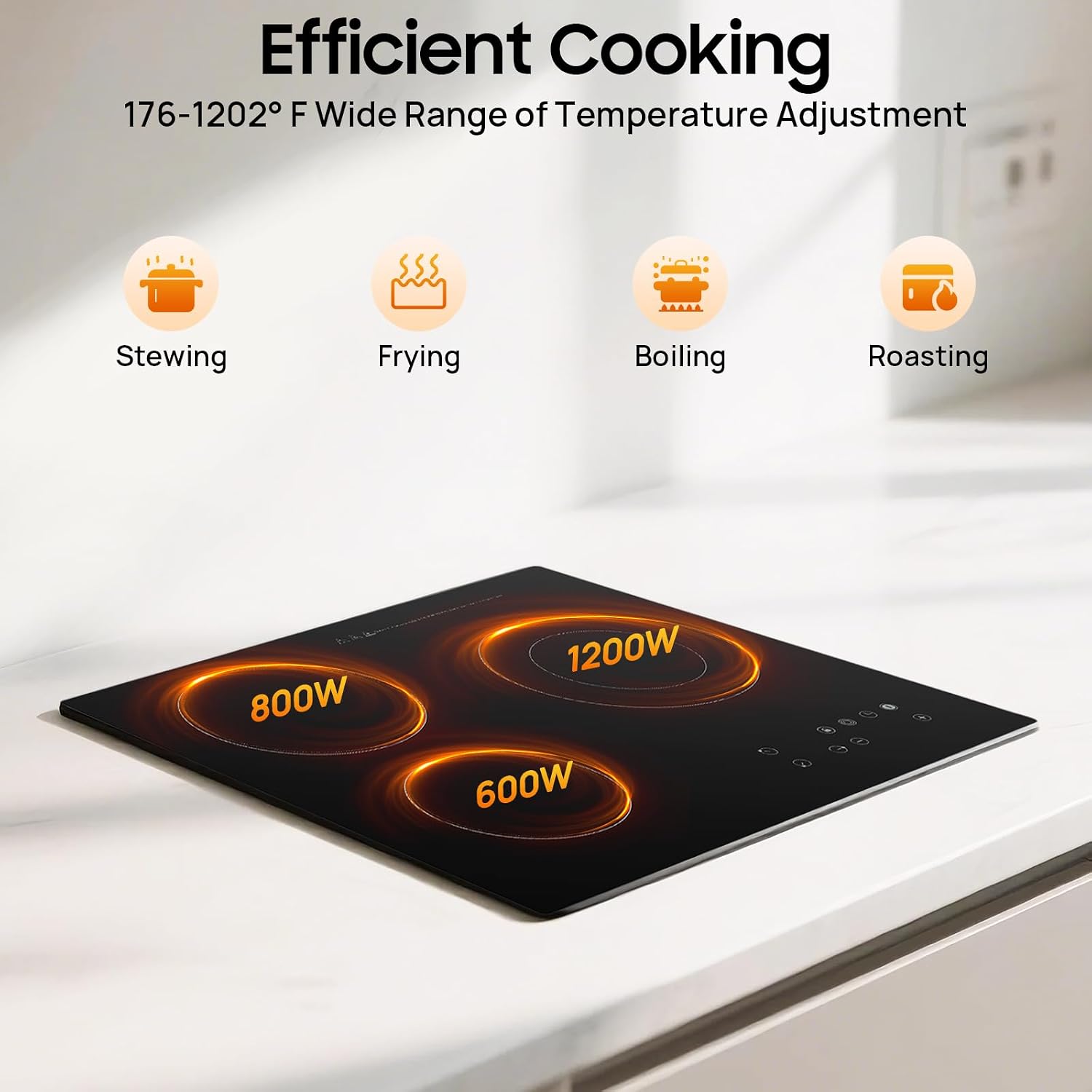 3 Burners Electric Cooktop 24 Inch Countertop & Built-in Electric Stove Top 110V 2600W Ceramic Cooktop Portable with Child Safety Lock & LCD Control Panel, 9 Heating Level (No Plug)
