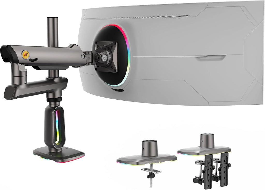 NB Extra Height Gaming Monitor Arm for 32 to 60 Inches Screen, Load up to 20 kg, VESA 75/100, RGB-Light, Heavy Duty, Multi Angle Adjustable, Premium Aluminum, Long Arm Extension Grey Black