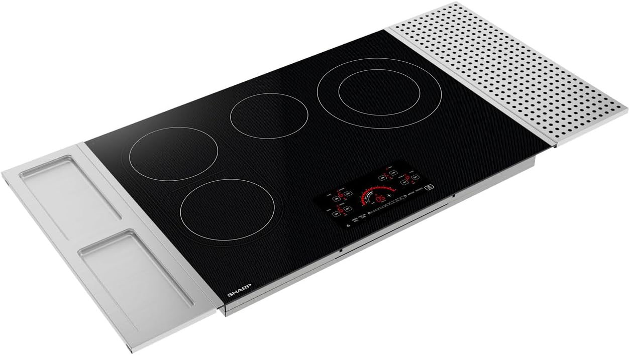 Sharp SCR3042FB 30' Drop-In Radiant Cooktop, Magnetic Stainless Steel Side Accessories, 4 Cooking Zones, Double Heater Capacity, 7200W Total