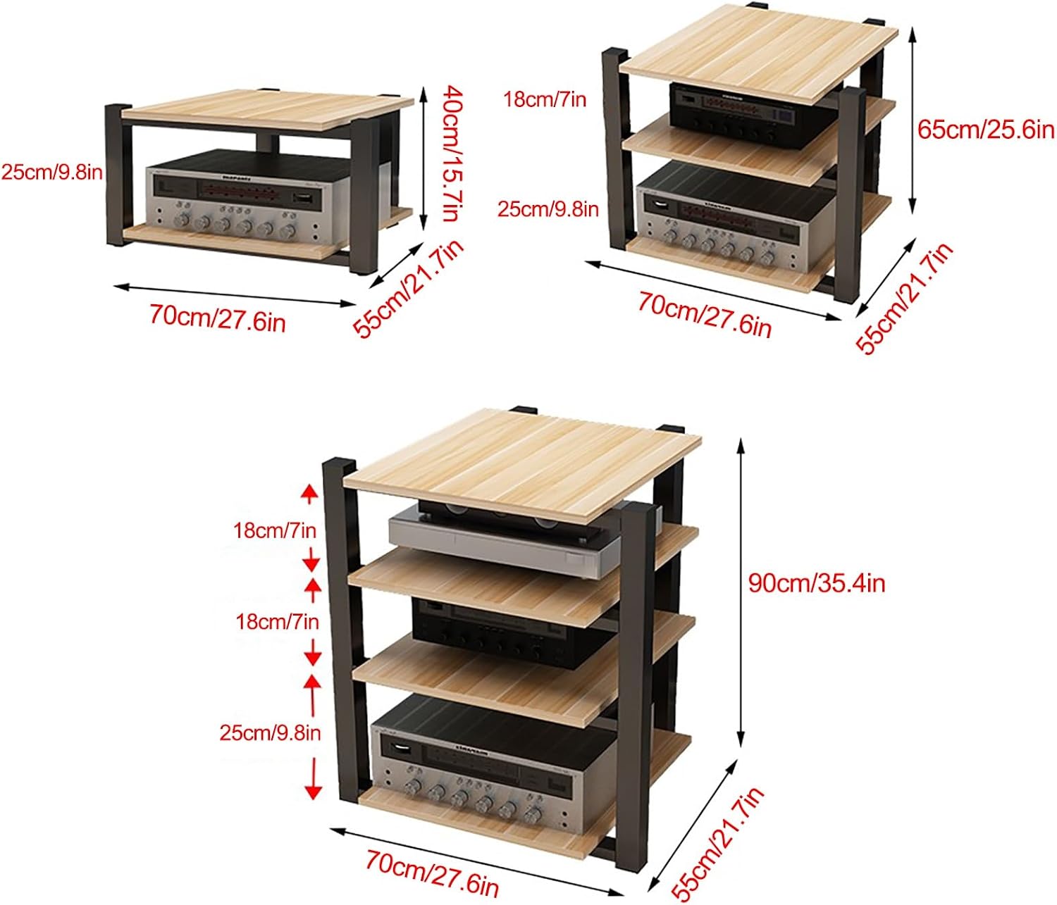Audio Rack AV Media Stand Media Audio Tower Cabinet 2/3/4 Tier Audio Rack, for Entertainment Stereo Racks Component Storage and Collection Display(Black,90cm/35.4in)