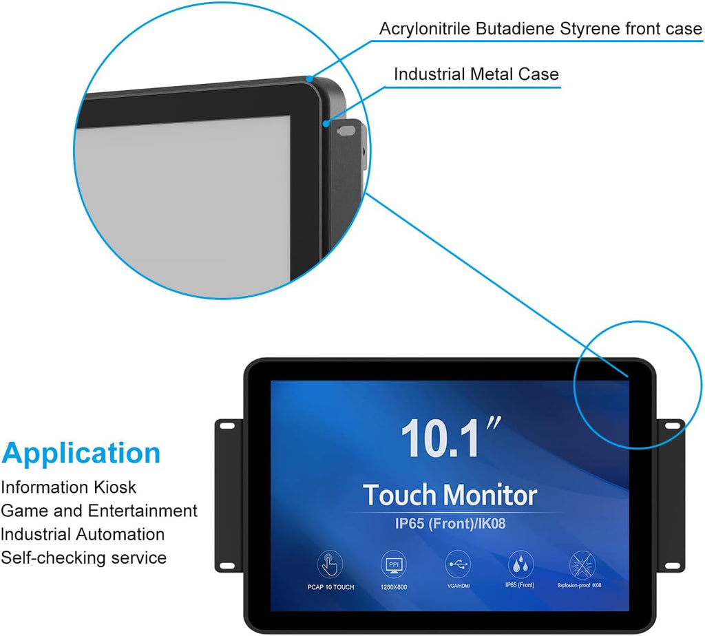 GreenTouch 10.1 inch 10 Points Front Waterproof Industrial Open Frame PCAP Touch Screen LCD Display Monitor 1280x800 Black