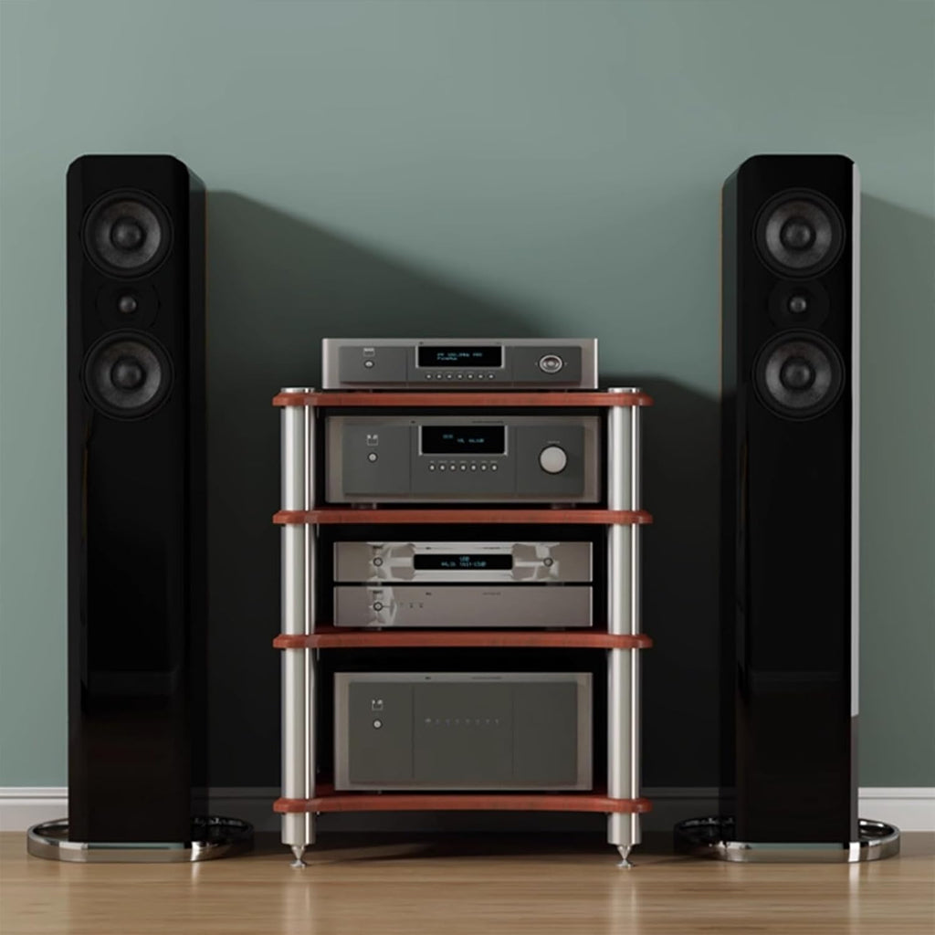 4 Tier HiFi Audio Rack for Amplifier Receiver Turntable, Heavy Duty Speaker Equipment Stand with Spikes, AV Component Storage Cabinet, Media Console for Home Theater(Wood)