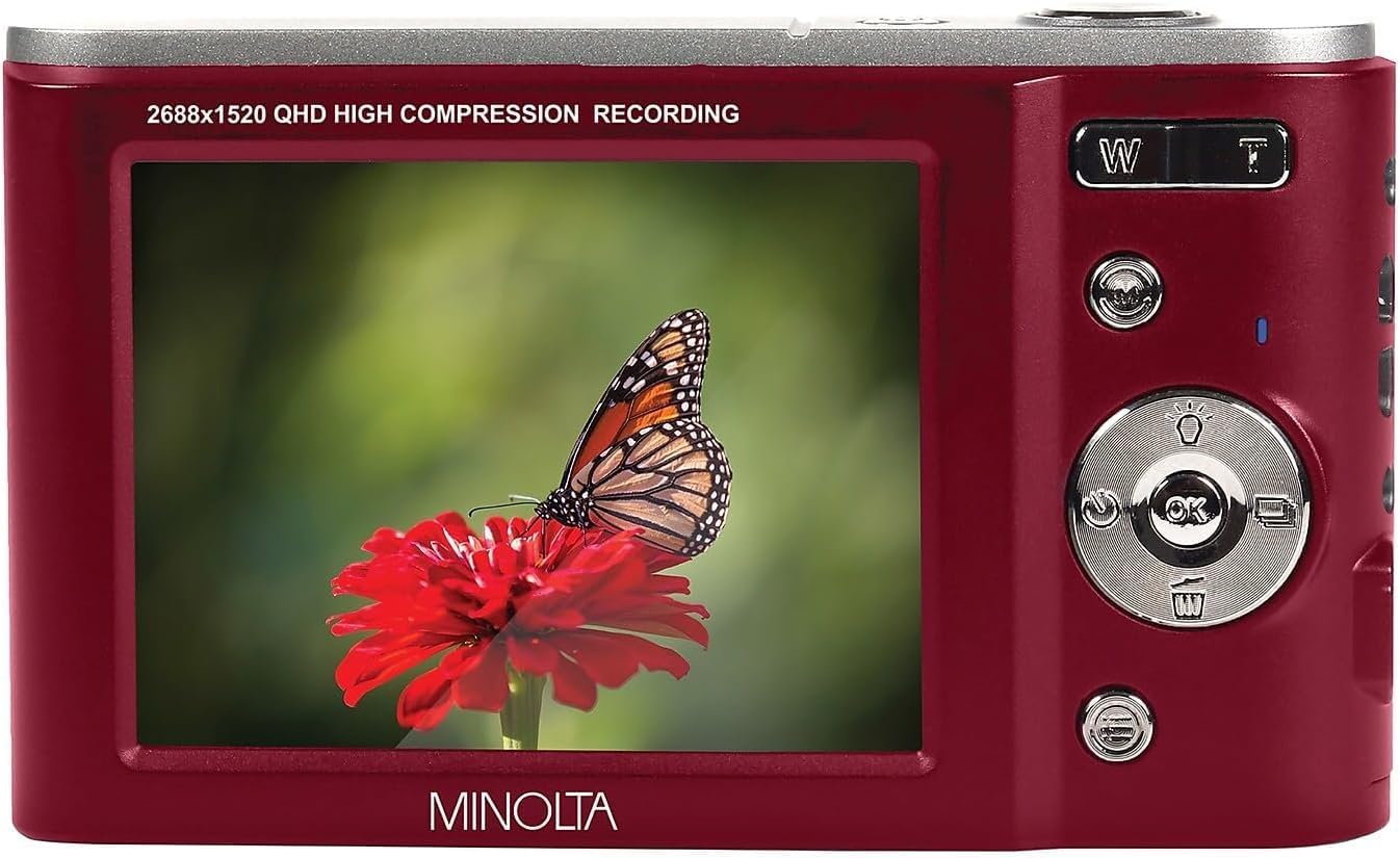 Minolta MND20 44 MP 2.7K Quad HD Digital Camera (Red) Bundle with 32GB Memory Card + 12 Inch Flexible Vlogging Tripod + Memory Card Wallet + USB Card Reader + More