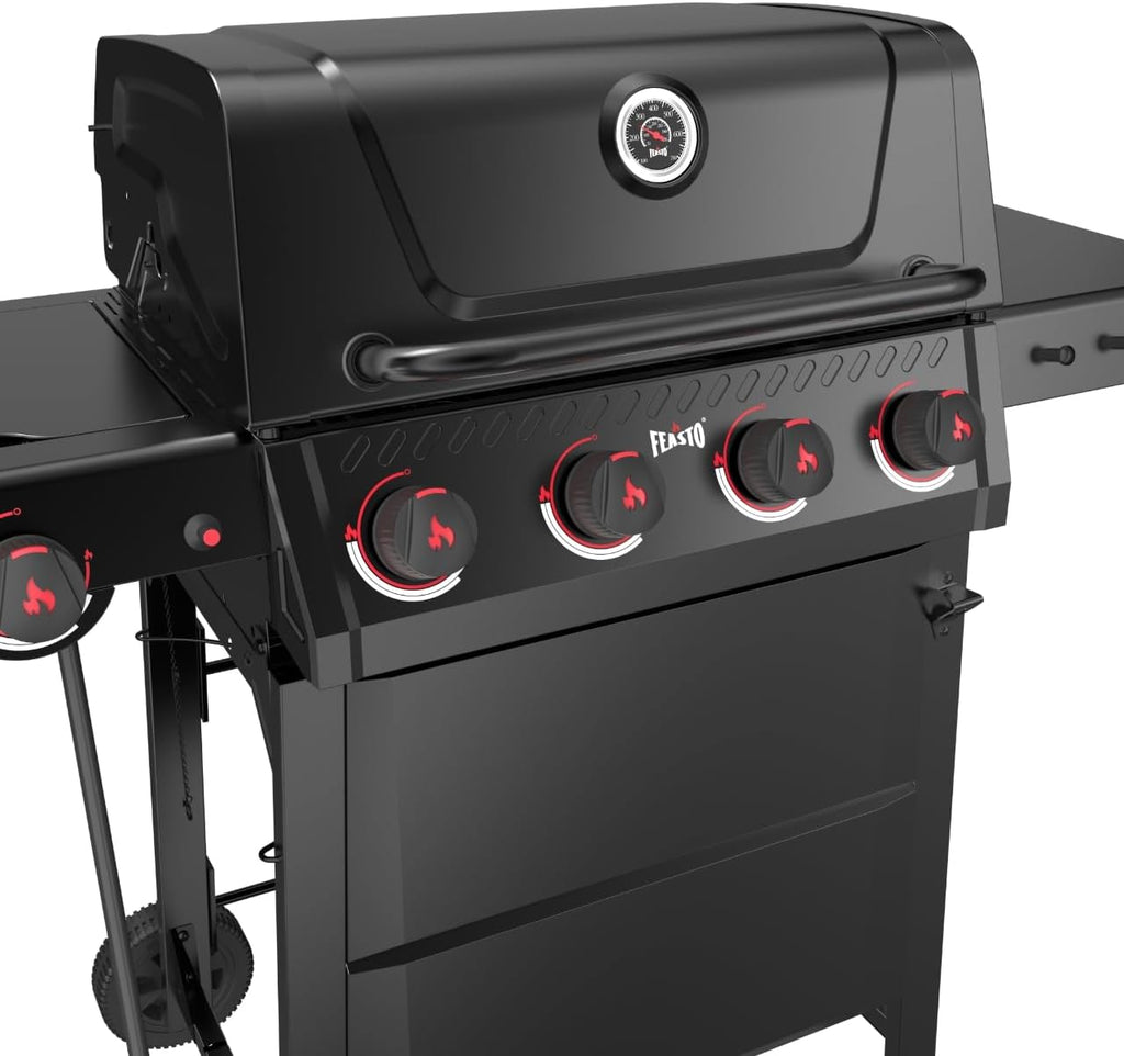 Feasto Propane Gas Grill, 36,000 BTU Outdoor Patio BBQ, Porcelain-Enameled Cookbox & Porcelain-Enameled Cast-Iron Grates, 559 Sq. In., Black (Black, 4) (Black2)