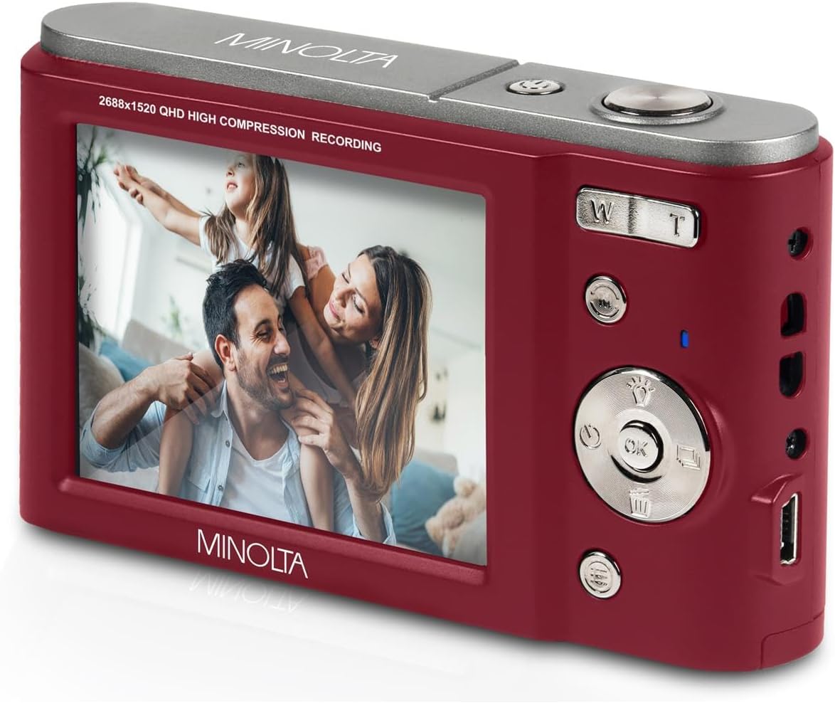 Minolta MND20 44 MP 2.7K Ultra HD Digital Camera with Slinger Camera case (Red)