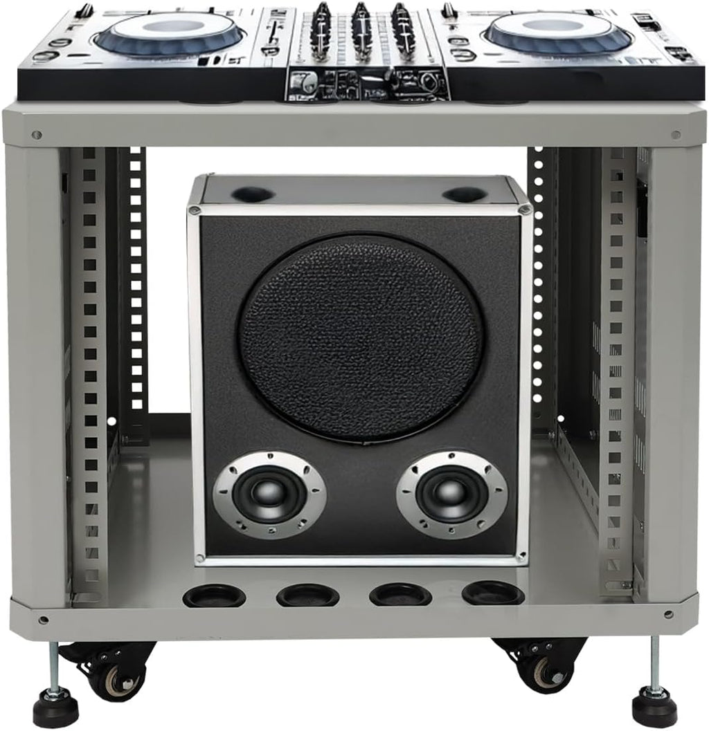 9U Server Rack with Wheels&Leveling Feet, Freestanding Rolling Open Frame IT Network Server Cabinet Rack Shelf for Audio Video Music Recording Computer AV Data & IT Equipment,Grey
