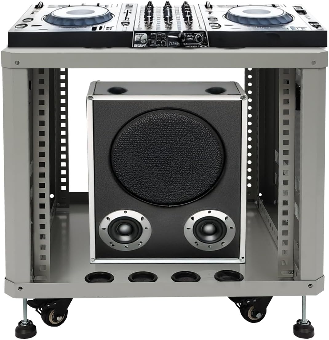 9U Server Rack with Wheels&Leveling Feet, Freestanding Rolling Open Frame IT Network Server Cabinet Rack Shelf for Audio Video Music Recording Computer AV Data & IT Equipment,Grey