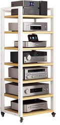 7 Tier 55 Inch Tall Audio Equipment Rack Rolling Cart Large Stereo Cabinets Turntable Record Player Shelf AV Media Tower With Storage Ideal for Office Home Bedroom Living Room White Color Op