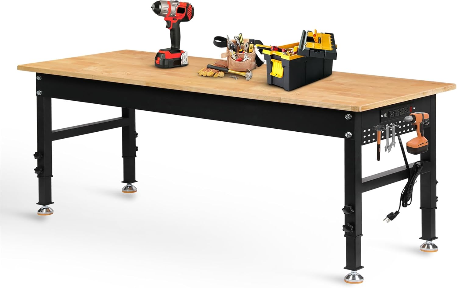 Betterhood 70' Adjustable Height Workbench, 2000 LBS Heavy Duty Work Table with Power Outlets & Pegboard, Rubber Wood Workstation for Garage, Workshop, Office, Home, Commercial
