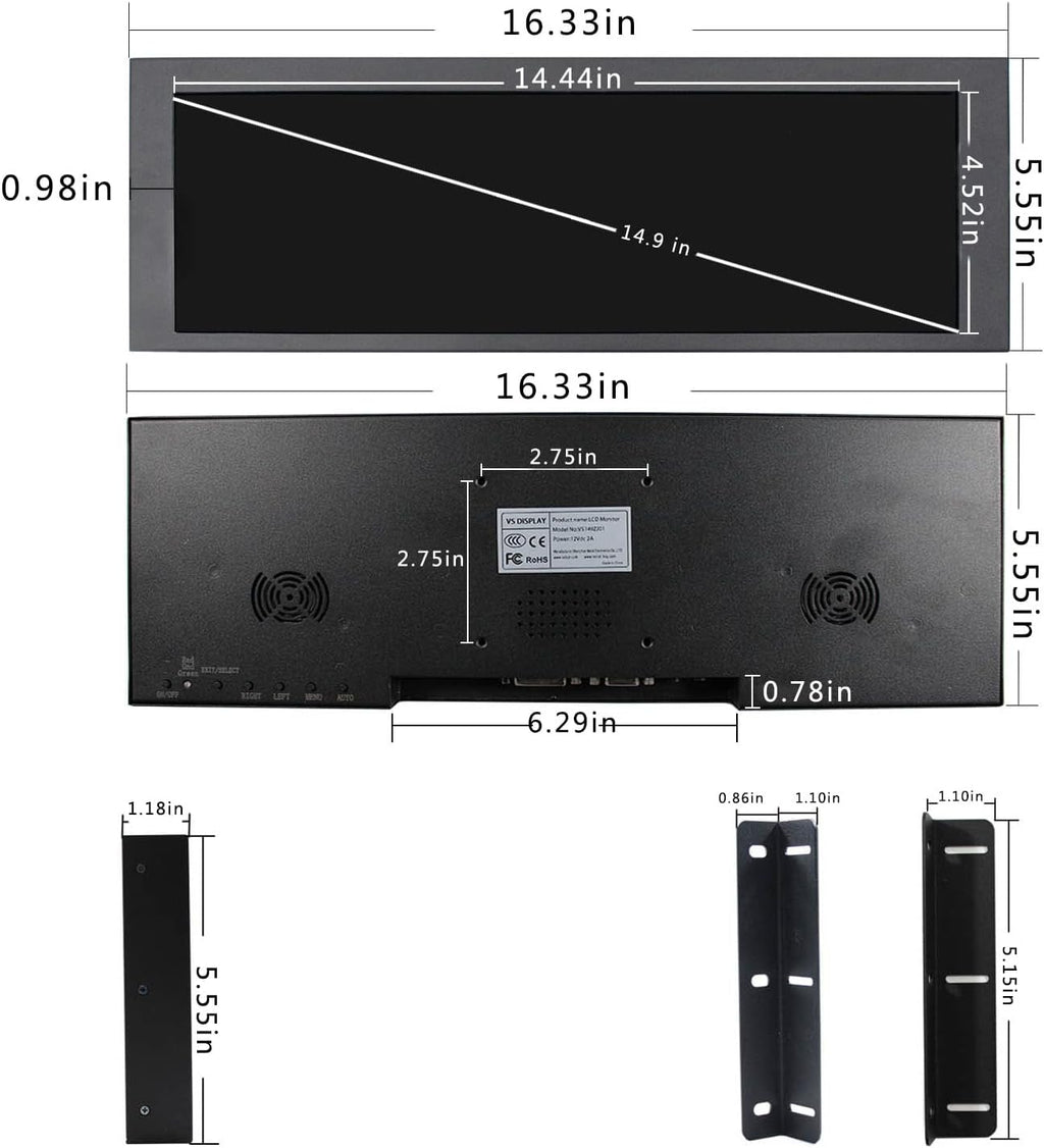 VSDISPLAY 14.9inch 1280x390 LCD Monitor VS149ZJ01,which with Screen LTA149B780F and DVI VGA Input Controller Board 68676, as a bar Display Monitor/Advertising Screen