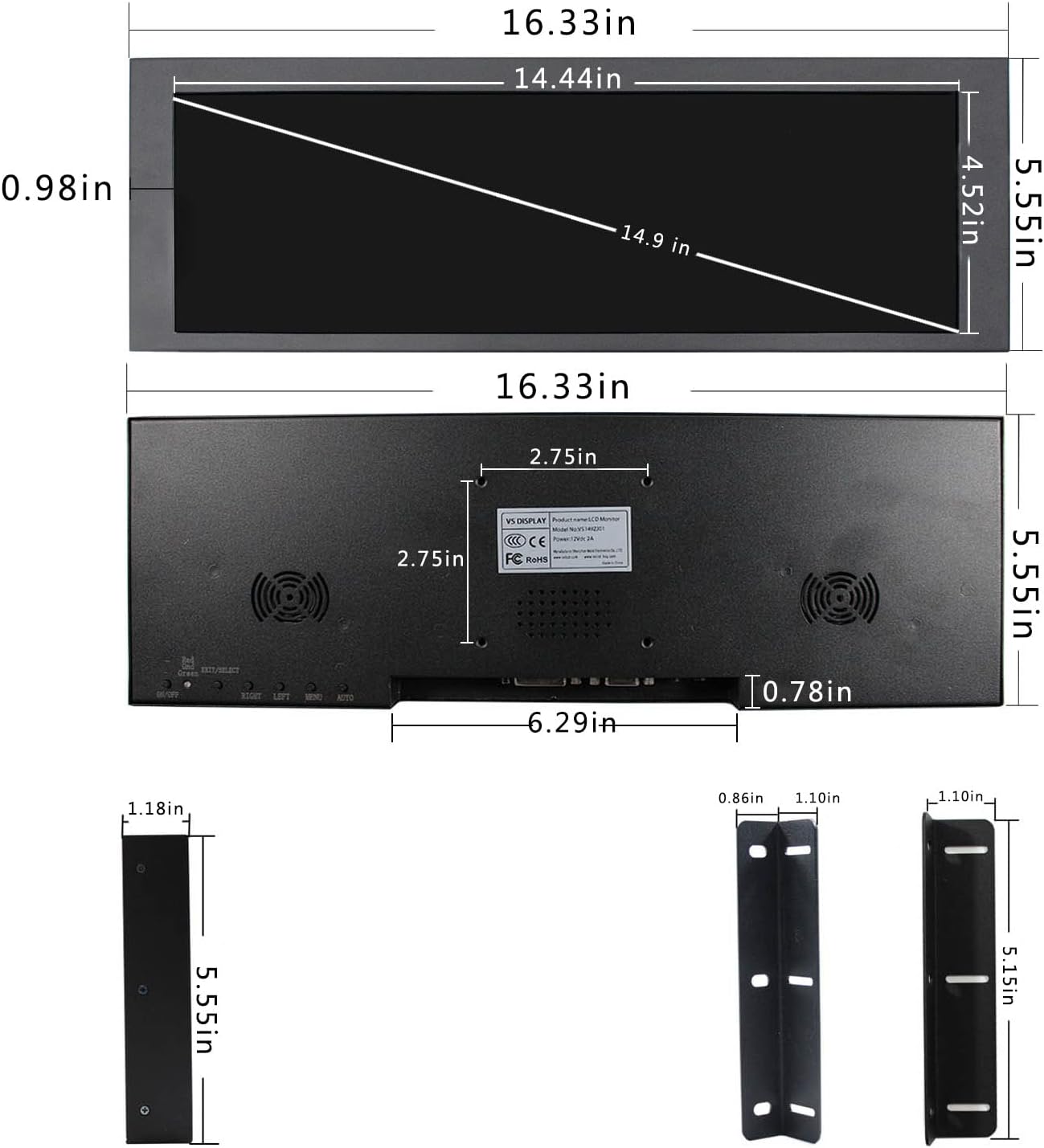 VSDISPLAY 14.9inch 1280x390 LCD Monitor VS149ZJ01,which with Screen LTA149B780F and DVI VGA Input Controller Board 68676, as a bar Display Monitor/Advertising Screen