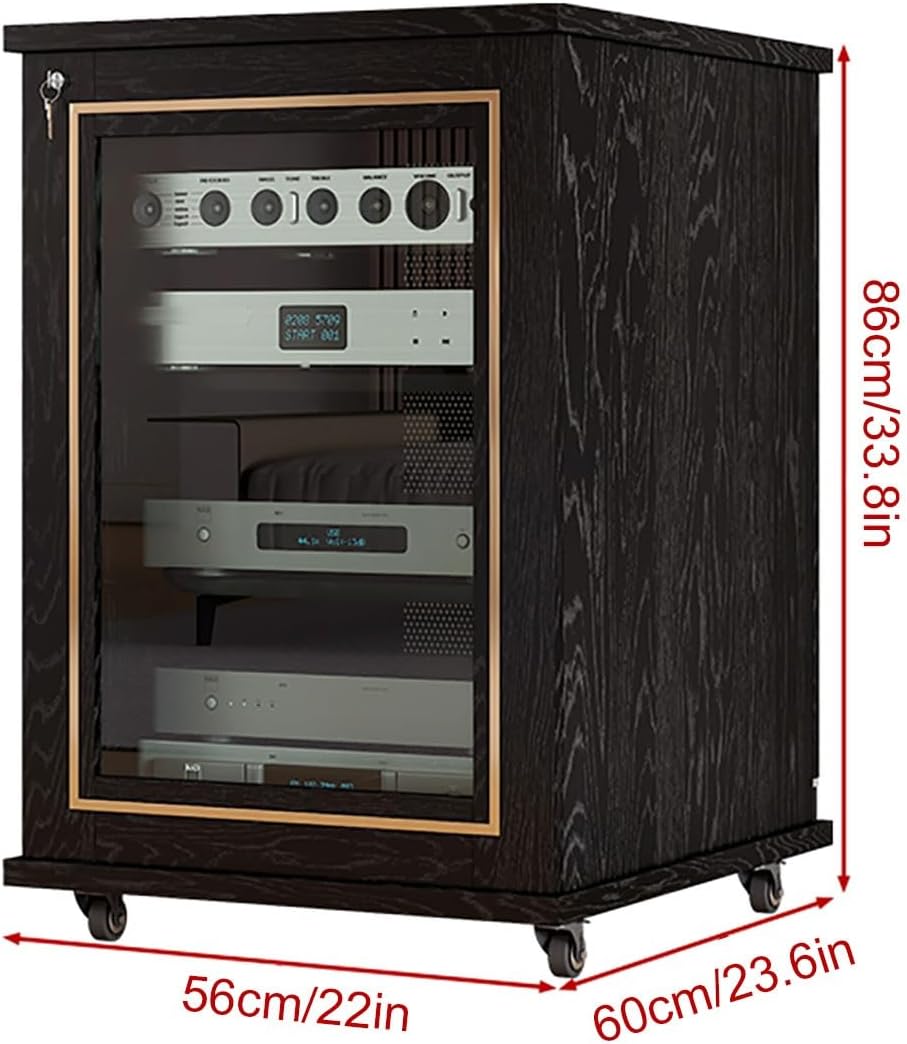 Stereo Cabinet, Stereo Racks And Stands With Storage Shelves, AV Component Media Stand, Wooden Storage Cabinet Entertainment Center Shelves Component, With Wheels Audio-Video Media Stand(Black+Gold,86