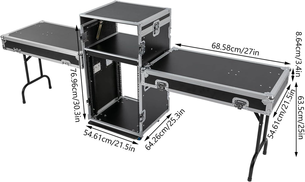 14U PA DJ Rack with 2 DJ Table Tops, 661LBS Recording Studio Racks Audio Equipment Cabinet, Mobile Stereo Rack with 4 Lockable Wheels for Studio/Wedding (14U)