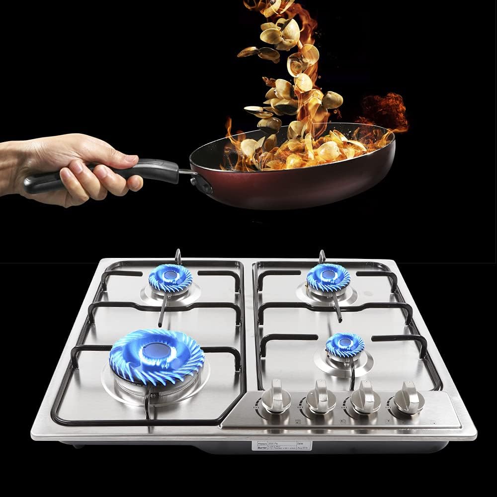 Built-in Gas Cooktop, 4 Burner Gas Hob, Natural Gas Propane Stovetop, 23' Cook Stove with 4 Sealed Burners, Stainless Steel Gas Stove Top with Thermocouple Protection