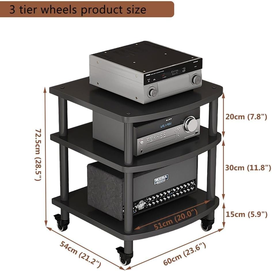 4-Tier AV Media Stand Audio Rack Tower Adjustable Height TV Game Console Equipment Shelf CD Record Player Stereo Component Rack Cabinet for Home Theater Studio,Black (with Wheels),3 Tier