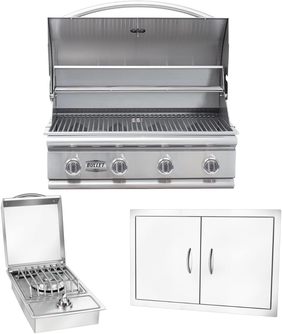 Bullet by Bull Stainless Steel Outdoor Kitchen Grill Set - Built-In Natural Gas Grill, Perfect for Entertaining -BBQ Kitchen Isl& Bundle - Includes 4 Burner Grill, Double Access Door & Side Burner