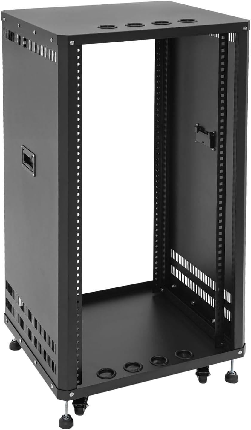 22U Server Rack with Wheels&Leveling Feet,Freestanding Rolling Open Frame IT Network Server Cabinet Rack Shelf for Audio Video Music Recording Computer AV Data & IT Equipment,Up to 300 Lbs Load,Black