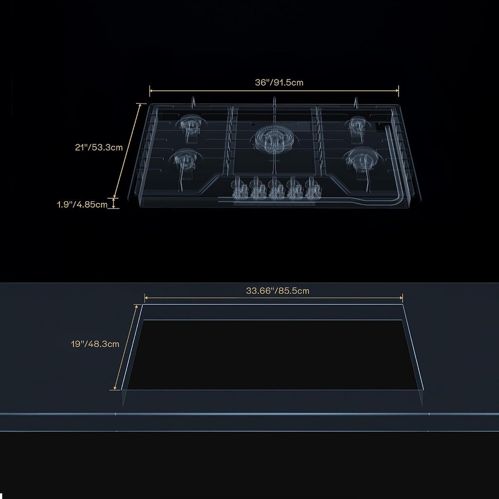 36 Inch Gas Cooktop Stainless Steel with 5 Sealed Burners, Drop-in Stovetop with Cast Iron Grates, NG/LPG Convertible, 38000 BTU