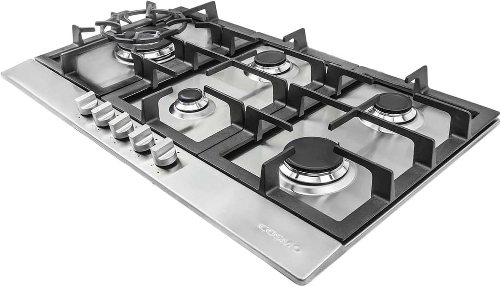 COSMO 850SLTX-E 30 in. Gas Cooktop with 5 Burners, Counter-Top Cooker with Cast Iron Grate Stove-Top, Melt-Proof Metal Knobs in Stainless Steel