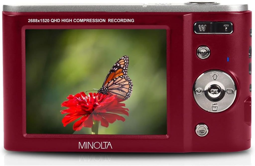 Minolta MND20 44 MP 2.7K Ultra HD Digital Camera with Slinger Camera case (Red)