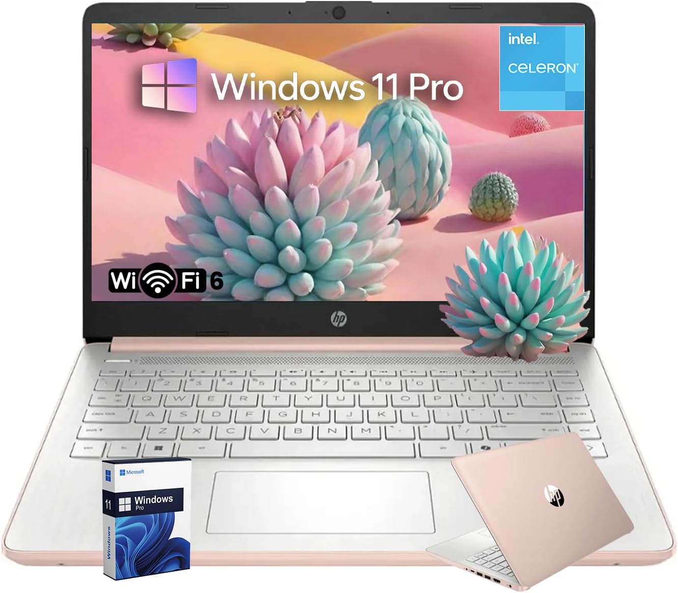 HP 14 Laptop for Business and Students • 14' Anti-Glare Display • Intel 4-Core N150 Processor • Copilot AI • Windows 11 Pro • 16GB RAM • 128GB UFS • Wi-Fi 6 • Pale Rose Gold