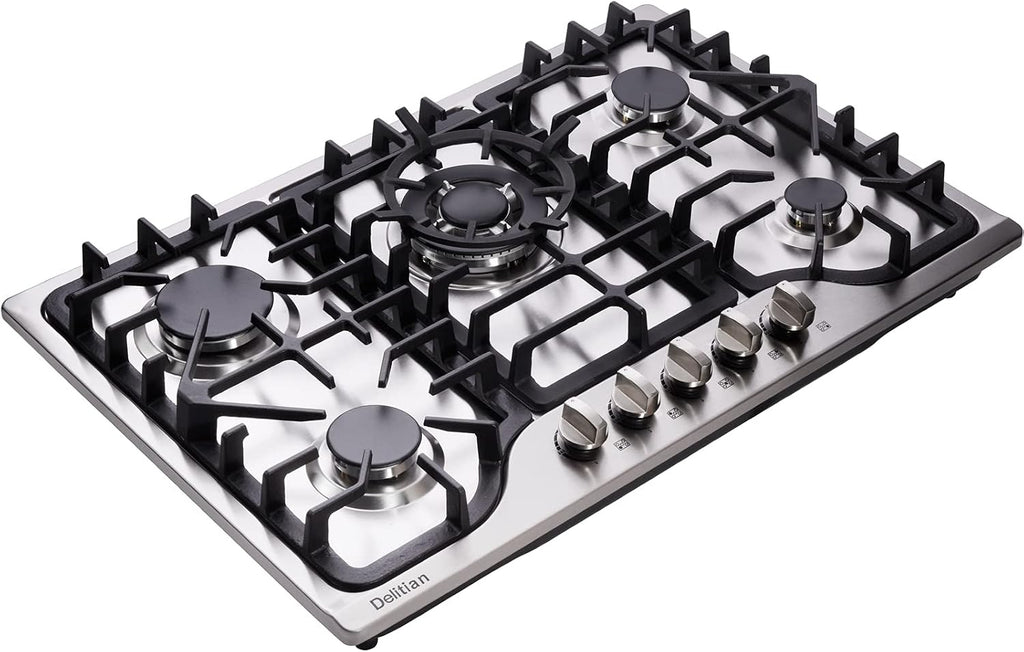 30 Inch Gas Cooktop DT57043 Built-in Stainless Steel 5 Burners Gas Stovetop LPG/NG Convertible Dual Fuel Gas Hob