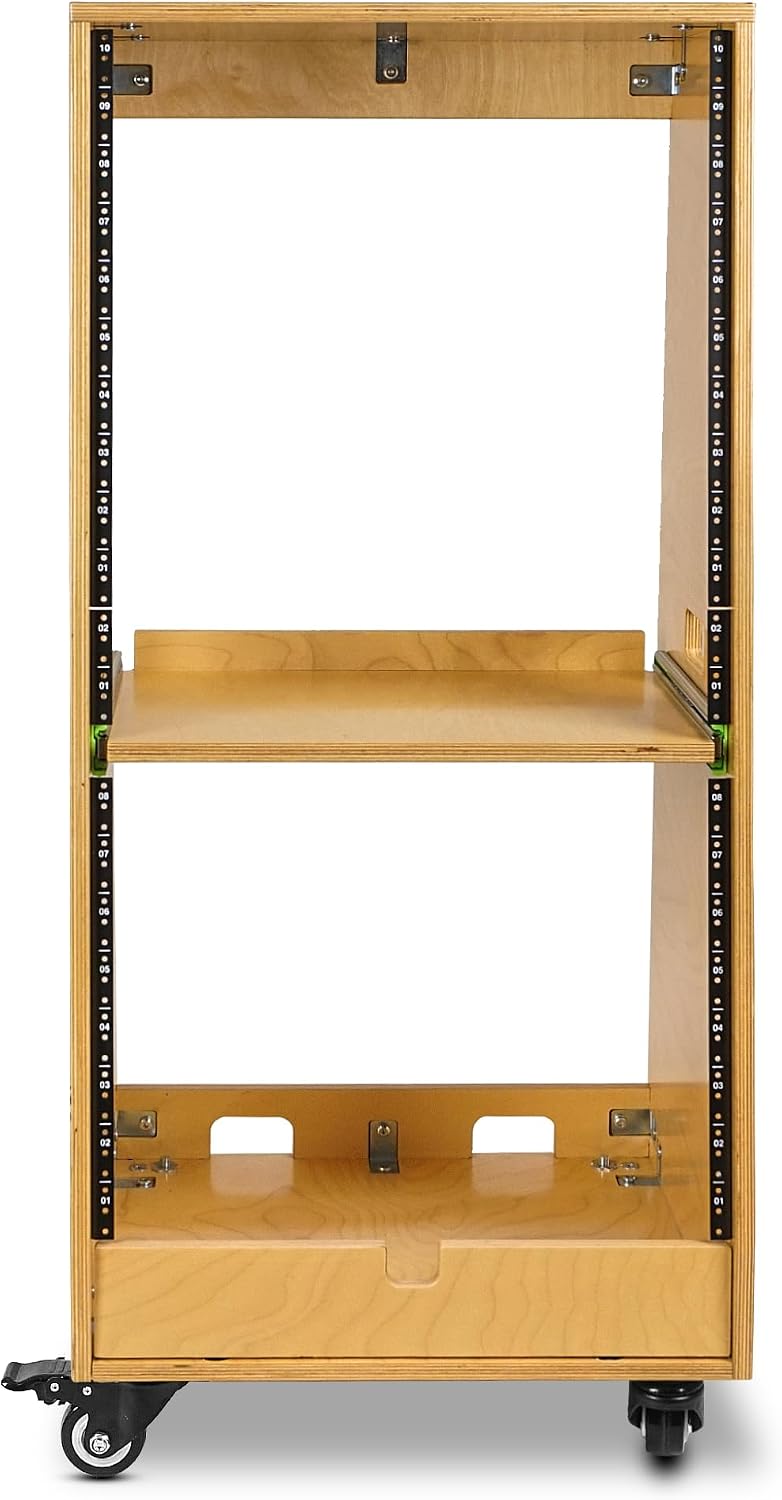 Sound Town DIY Slanted 20U Studio Rack (12U Top + 8U Lower), with 2U Bottom Storage, Slide-Out Tray, Caster, Plywood, Golden Oak for Recording Room, Home Studio (SDRK-ST20T)