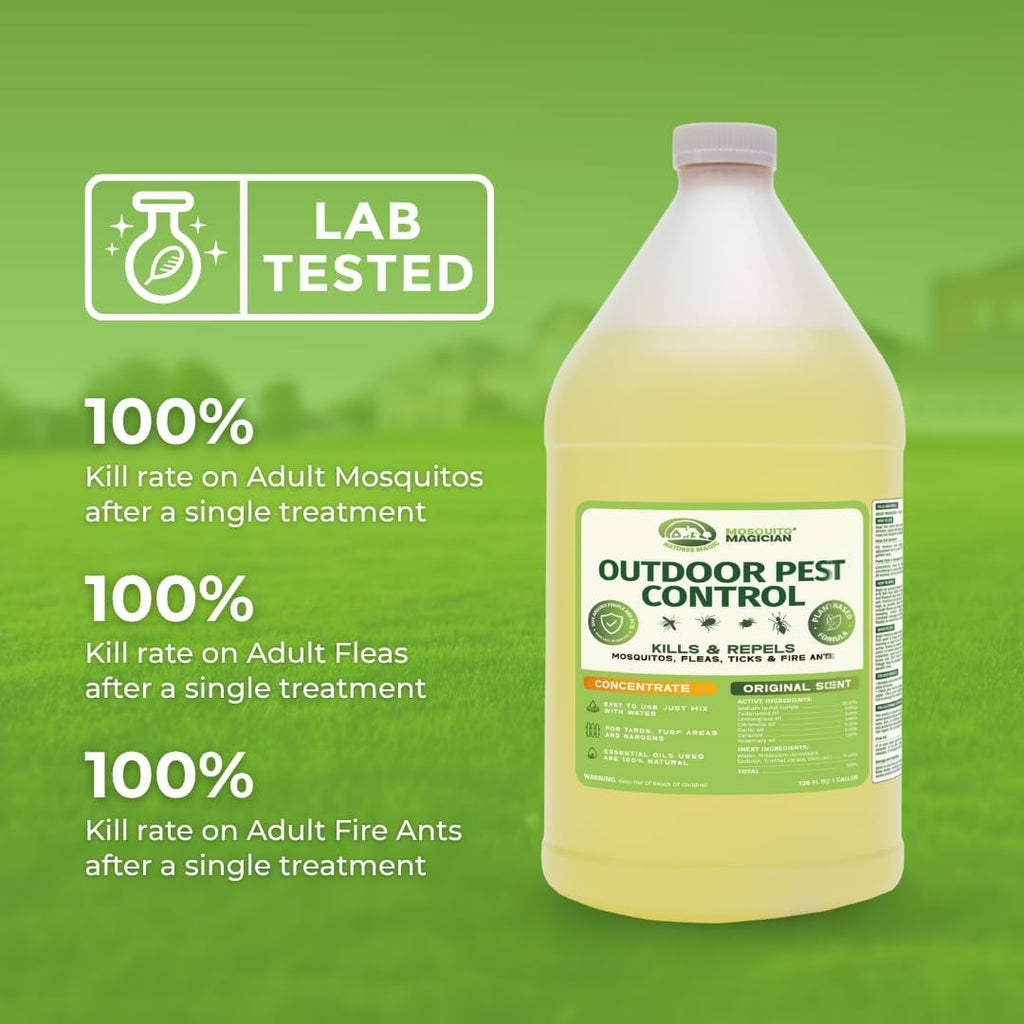 Mosquito Magician Liquid Concentrate – Kills Mosquitoes, Fleas & Fire Ants, Repels and Prevents Ticks – Essential Oil Yard Treatment Spray – for Sprayers, Foggers & Misting Systems – 1 Gal, Original