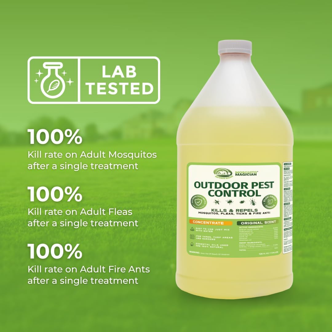 Mosquito Magician Liquid Concentrate – Kills Mosquitoes, Fleas & Fire Ants, Repels and Prevents Ticks – Essential Oil Yard Treatment Spray – for Sprayers, Foggers & Misting Systems – 1 Gal, Original