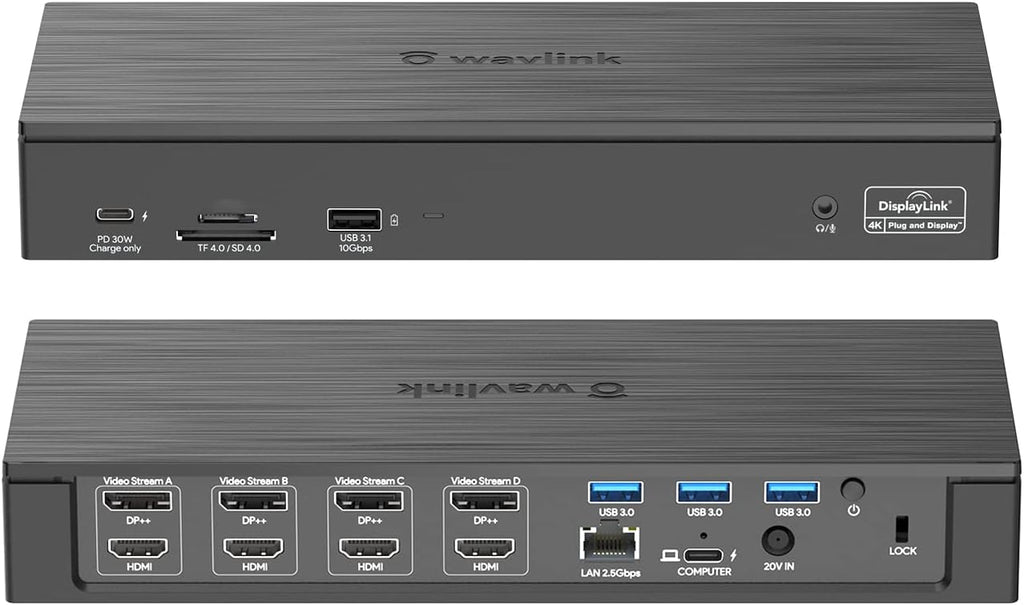 WAVLINK DisplayLink Laptop Docking Station, 4 HDMI, 4 DP, Quad Monitor 5K/4K@60Hz, Thunderbolt 5/4, USB-C/A, 180W Power, 100W Charging, SD 4.0 CR, 2.5Gbps LAN, M1–M5 Mac/MacBook Neo/Windows/Chrome