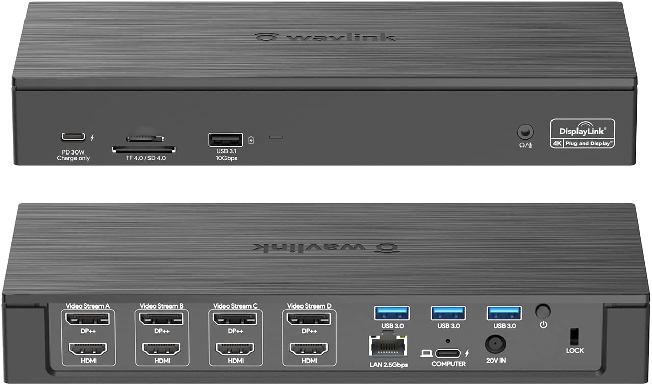 WAVLINK DisplayLink Laptop Docking Station, 4 HDMI, 4 DP, Quad Monitor 5K/4K@60Hz, Thunderbolt 5/4, USB-C/A, 180W Power, 100W Charging, SD 4.0 CR, 2.5Gbps LAN, M1–M5 Mac/MacBook Neo/Windows/Chrome