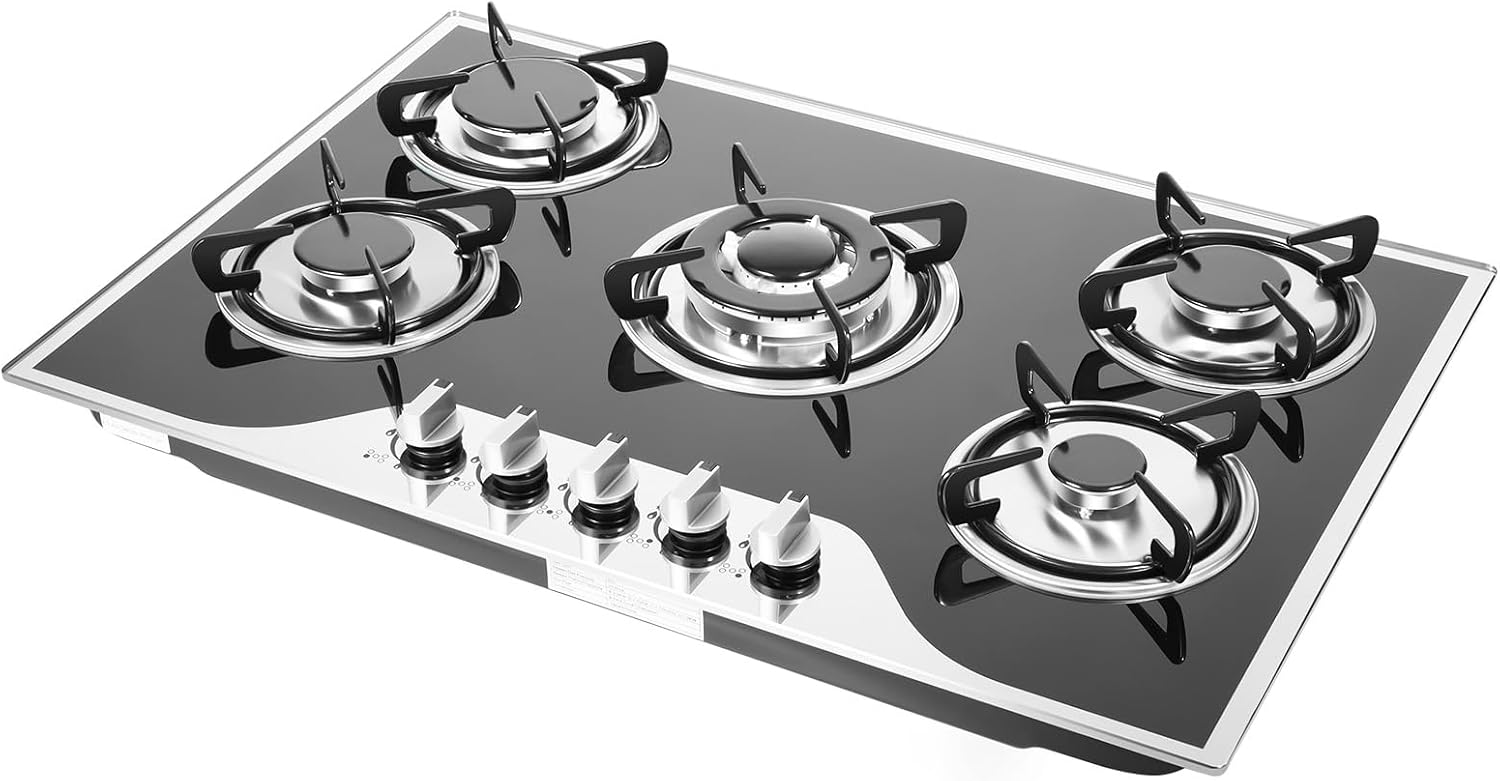 Gas Cooktop, Tempered Glass Panel Built-in 5 Burners, Portable LPG Gas Stove Countertop, Dual Fuel Cooktops Gas Cooker for RV Camper Caravan Outdoor Apartments, 30.3Inch Black
