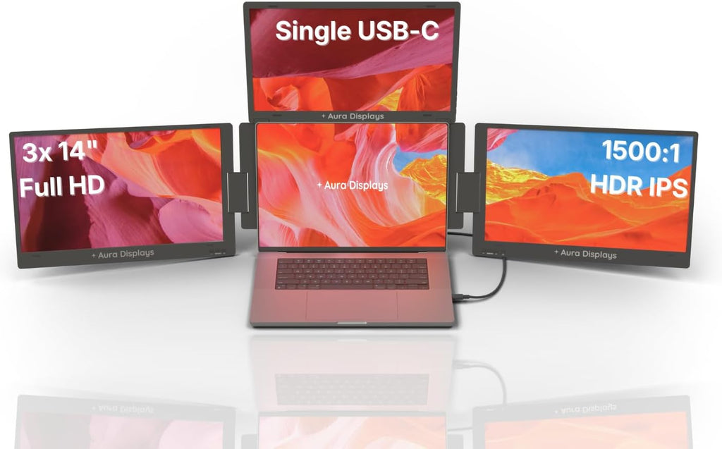 Triple Boost Pro 14' | Premium Triple Portable Monitor Extender | Full Aluminum | Quad Screens | 3×14' FHD 1080P HDR IPS | USB-C & HDMI | Compatible with 11'-18' Laptops