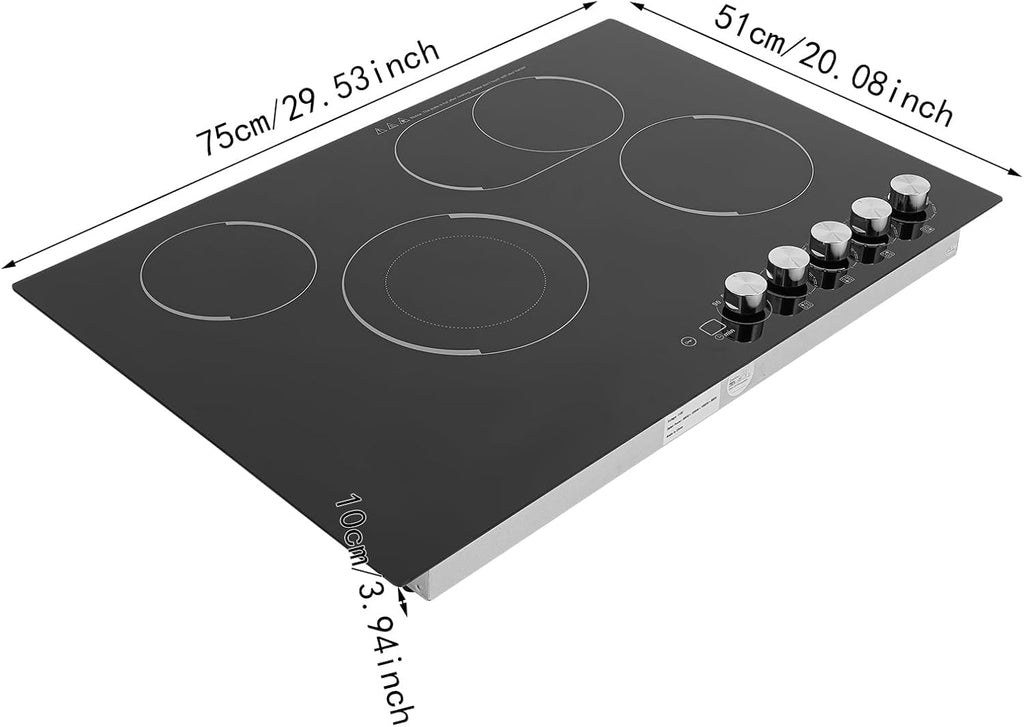 4 Burners Electric Cooktop, 30 Inch 3700W Electric Ceramic Cooktop Built-in Electric Stove Top with 5 Heating Levels, Kid Safety Lock and Timer, 110V for Hard Wire (No Plug)