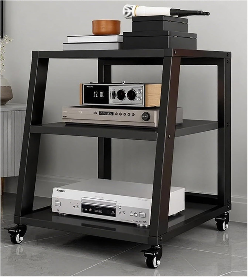 Audio-Video Media Stand HiFi Rack System with Wheels, 2 3 4 5 Shelf Floor-Standing Stereo Component Stand Electronics Equipment Shelf, Living Room Movable Audio Stands and Racks, Black-3 Layer