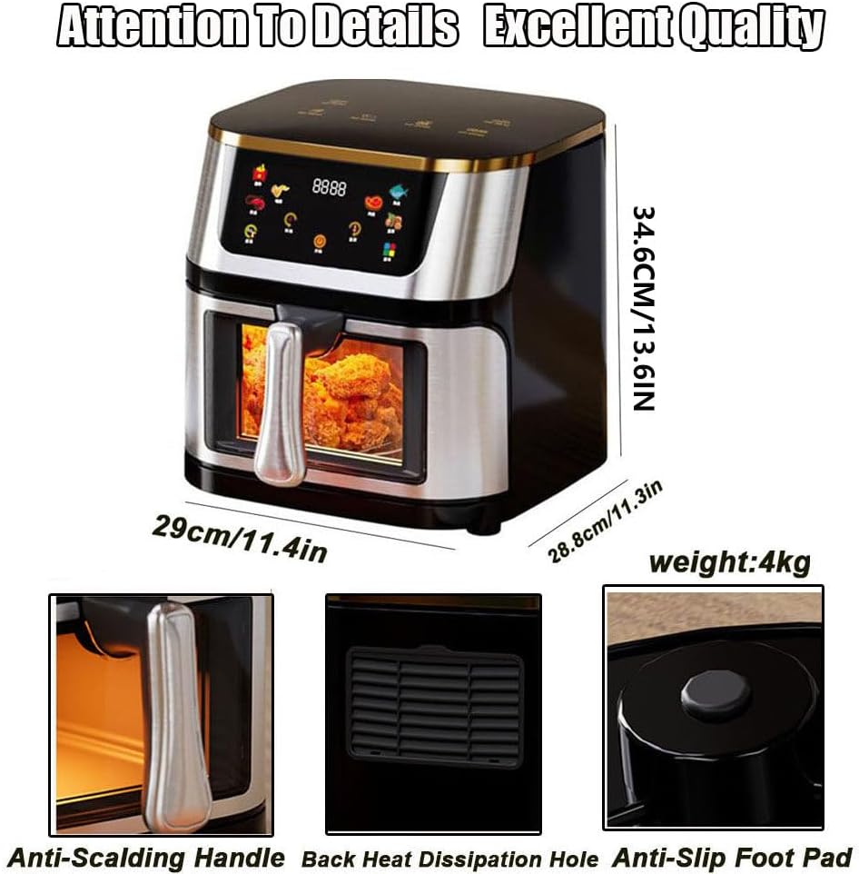 10lL Stainless Steel Visual Air Fryer, 1400w Smart Oven With Digital Touch Screen Oil-Free Fryer, 8 Cooking Presets Timing And Temperature Adjustable Easy To Clean For Family And Party
