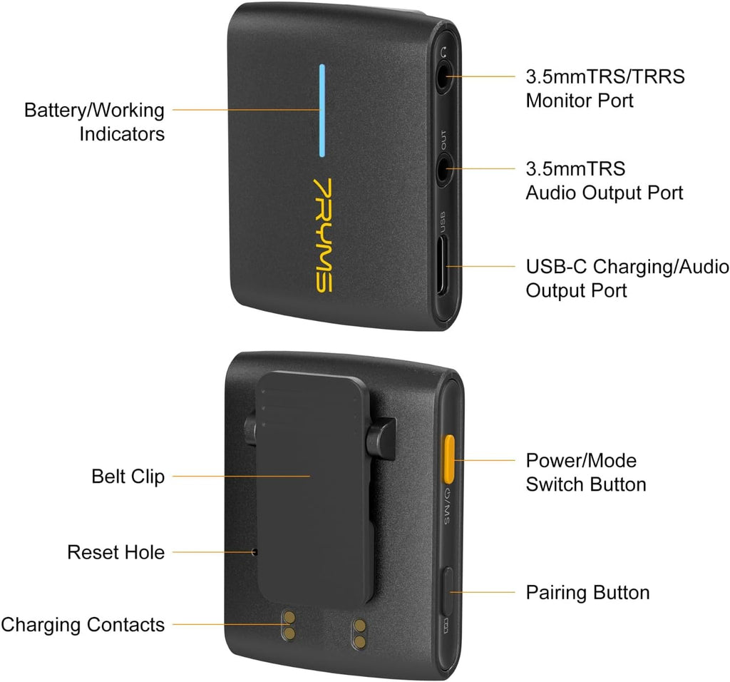 7RYMS iRay DW40 Wireless Lavalier Microphone with Four Transmitters One Charging Case Support AI Denoise, 48kHz/24bit Recording for Video Vlog, Interview, Live Streaming, Podcasting-Black