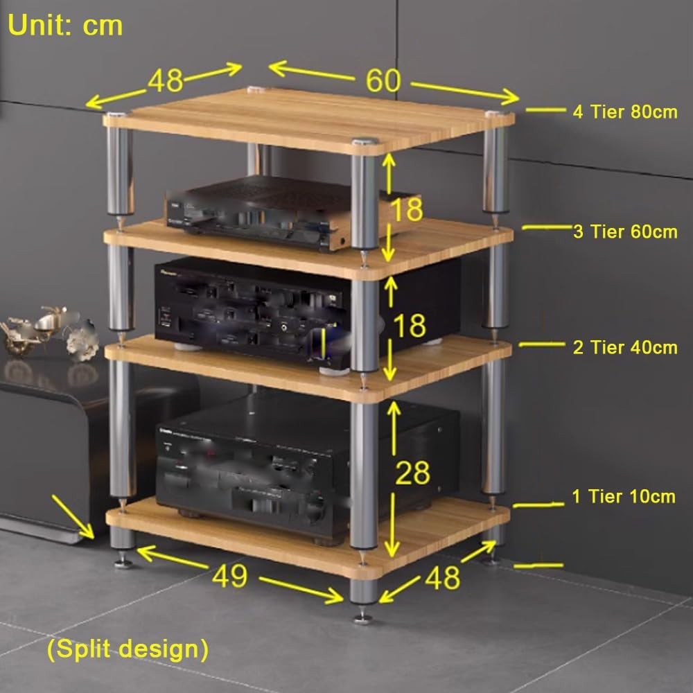 HiFi Rack 3 Tier AV Media Stand Wood Shelf, Record Player Stand Stereo Cabinet, Audio Tower, Media Console Storage Shelf, Audio Video Components (Black, 4-Tier(60x48x80cm))