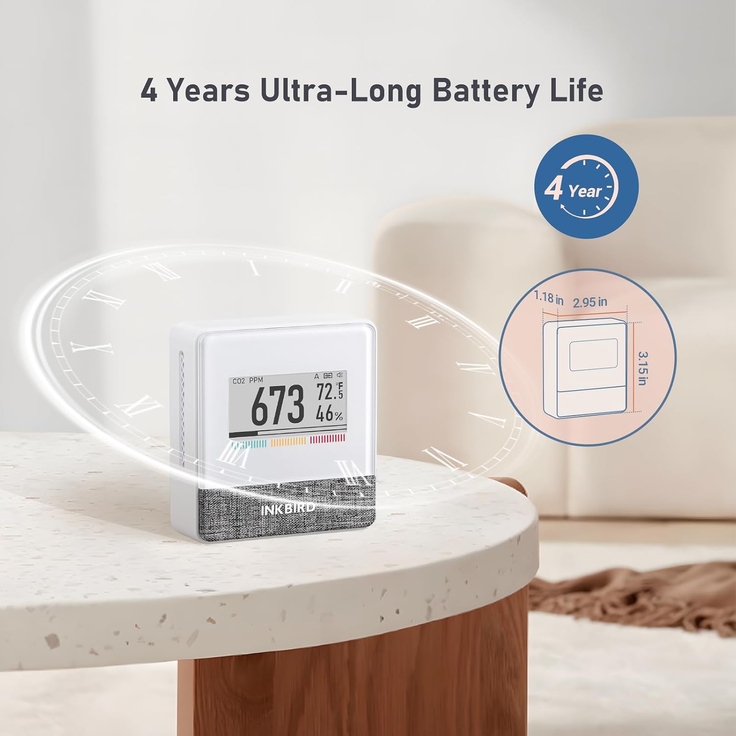 INKBIRD Portable CO2 Detector with Bluetooth, Smart Indoor Air Quality Monitor, can detects CO2, Temperature, Humidity, etc., Electronic Ink Display & 4 Years Battery Life, for Home, Office, motorhome