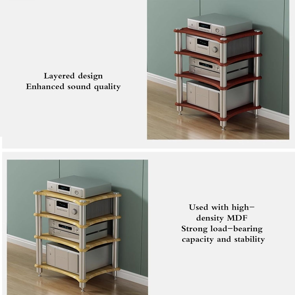 4 Tier HiFi Audio Rack for Amplifier Receiver Turntable, Heavy Duty Speaker Equipment Stand with Spikes, AV Component Storage Cabinet, Media Console for Home Theater(Wood)