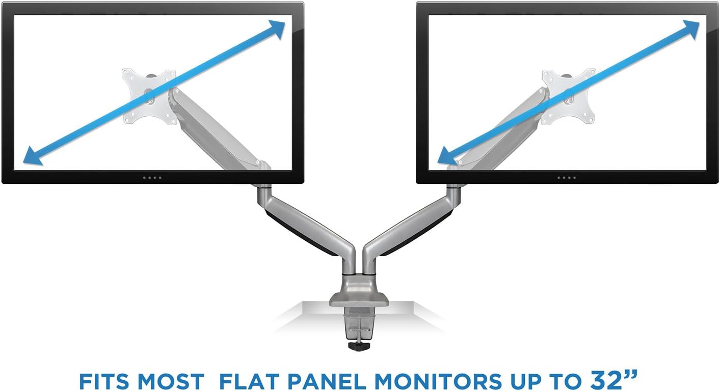 Mount-It! (MI-1772) Dual Monitor Arm Mount Desk Stand Two Articulating Gas Spring Height Adjustable Arms | Fits Up To 32' VESA 75 100 Compatible Screens | C-Clamp and Grommet Bases (Silver)