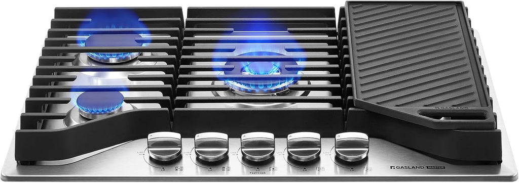 GASLAND Master 30 Inch Heavy Duty Gas Cooktop with Griddle PRO GH3805SS1FC with 5 Burners, CSA certified, 120V Plug-in, NG/LPG Convertible