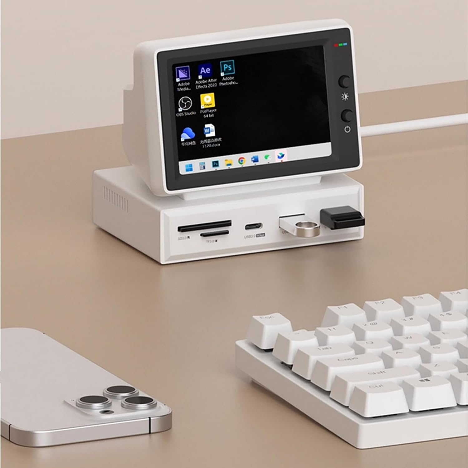 Mini Vintage Portable Monitor, Secondary Screen LCD Display Monitor for PC Laptop, HDMI USB 3.0 Hub SD3.0 TF Card Reader