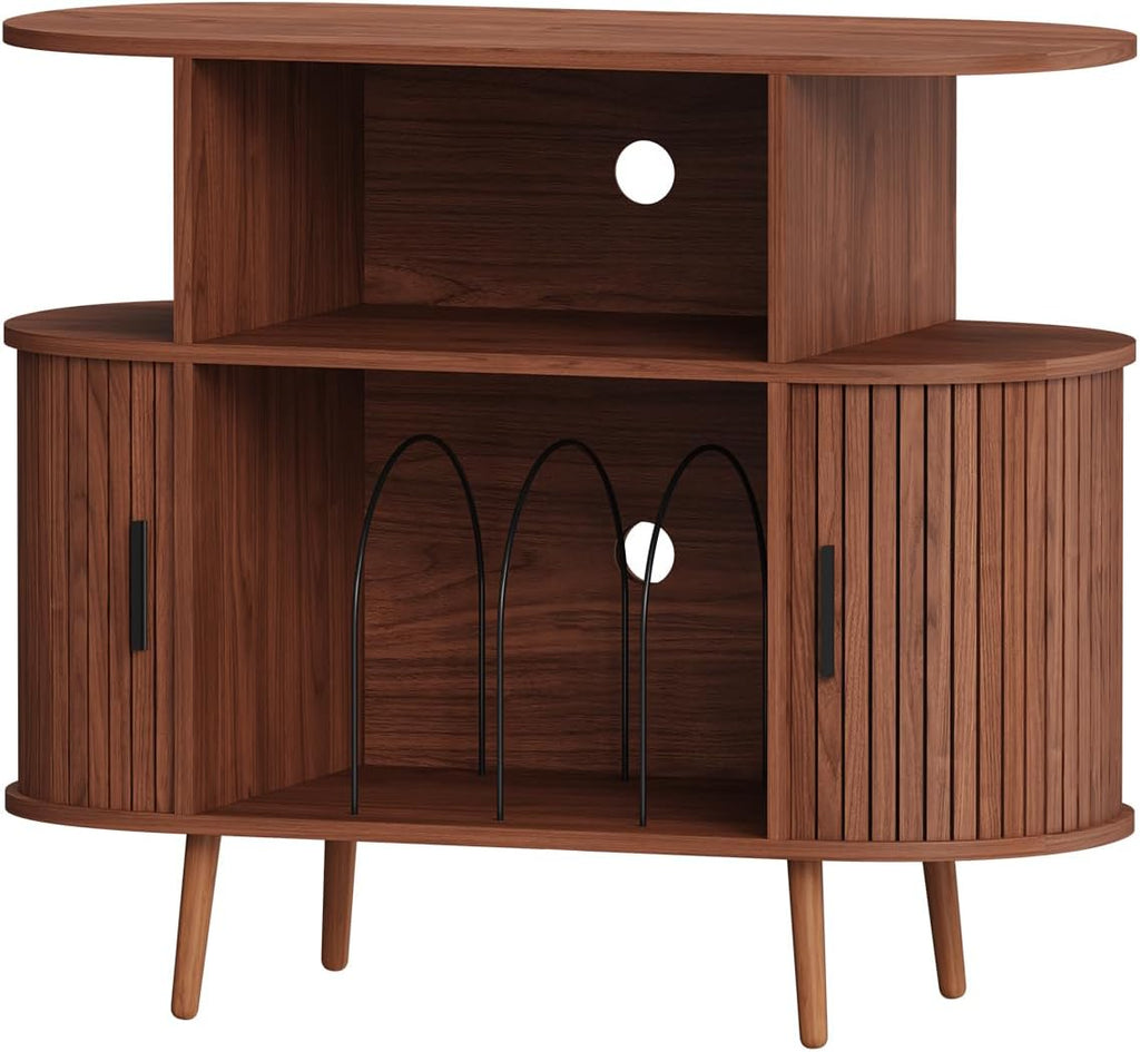 35.4' Record Player Stand with Storage - Vinyl Record Storage Cabinet & Media Console Holds 300+ Records, Mid Century Modern Turntable Stand for Living Room (Walnut, 35.4')